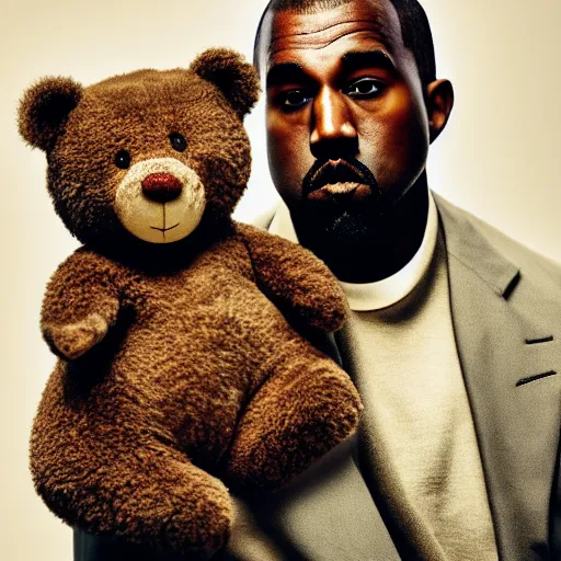 Image similar to cinematic photograph of Kanye West with a anthropomorphic teddy bear, close up, portrait, album cover, shallow depth of field, 40mm lens, gritty, textures