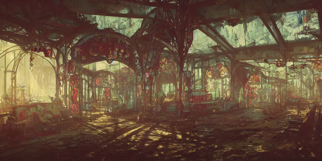 Image similar to abandoned amusement park interior design, Greg Rutkowski, Zabrocki, Karlkka, Jayison Devadas, Phuoc Quan, trending on Artstation, 8K, ultra wide angle, pincushion lens effect.