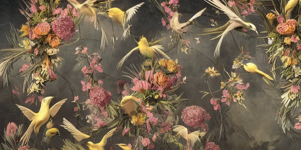 Image similar to breathtaking detailed concept art painting art deco pattern of birds amalmation blend of flowers and birds, by john james audubon, bizarre compositions, exquisite detail, extremely moody lighting, 8 k