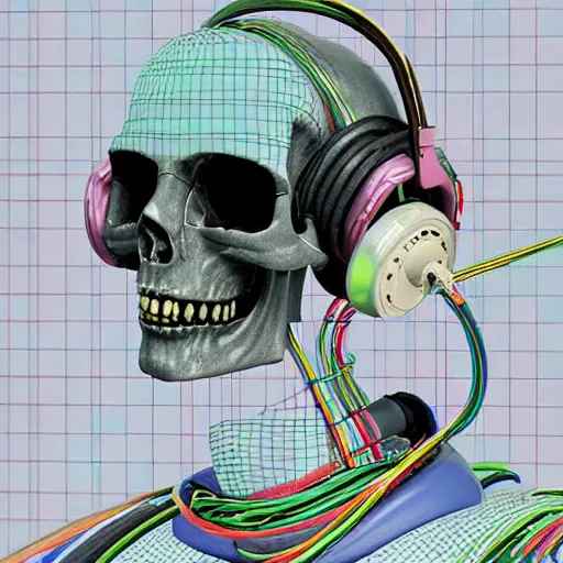 Prompt: a painting by Thomas Cole of a vaporwave robot skull wearing headphones connected with many wires and coords to an old computer terminal, highly detailed chromatic 3d rendering from 1996