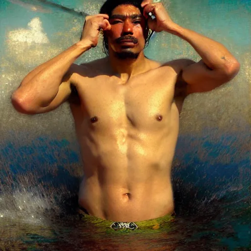 Image similar to a realistic portrait of a good - lookiung chicano swimmer,, high detail, cleary see face, by gaston bussiere, bayard wu, greg rutkowski, odd nerdrum, maxim verehin, dan dos santos, masterpiece, sharp focus, cinematic lightning - h 7 6 8