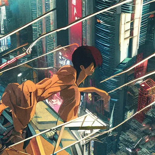 Image similar to Inside a gang hideout, cyberpunk rooftops, Smoke, wide angle, cinematic shot, highly detailed, cinematic lighting , photorealistic, 8K, created by Hideaki Anno + Katsuhiro Otomo +Rumiko Takahashi