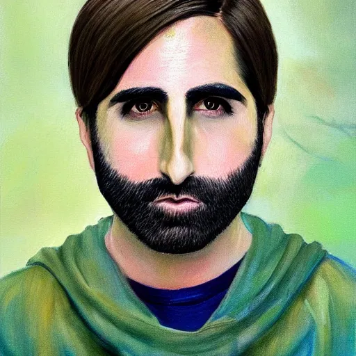 Image similar to a beautiful portrait painting of jason schwartzman with a green skin tint feeling sick after a big pasta bowl, paint by Hayao Miyazaki