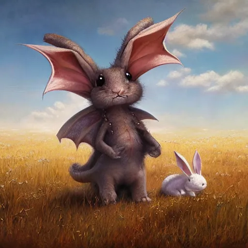 Prompt: cute dragon and a rabbit roaming the windswept field dave dorman edson campos christopher young jeff simpson allison carl hiro izawa paul chadeisson pastel painting