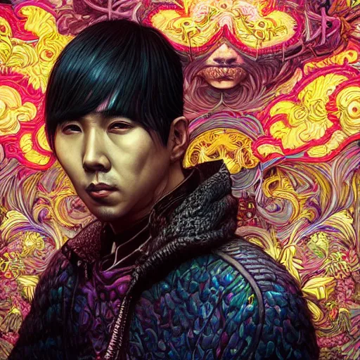 Image similar to portrait of donnie yen, hyper detailed masterpiece, neon floral pattern, jean giraud, digital art painting, darkwave goth aesthetic, psychedelic, artgerm, donato giancola and tom bagshaw