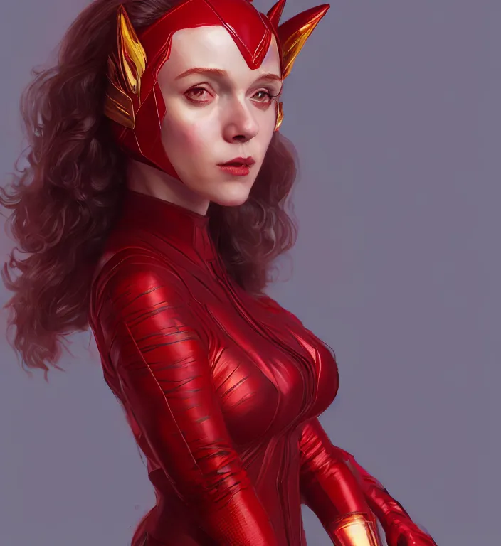 Image similar to Sweetie Fox as Scarlet Witch, portrait, full body, hyper detailed, digital art, trending in artstation, cinematic lighting, studio quality, smooth render, unreal engine 5 rendered, octane rendered, art style by klimt and nixeu and ian sprigger and wlop and krenz cushart