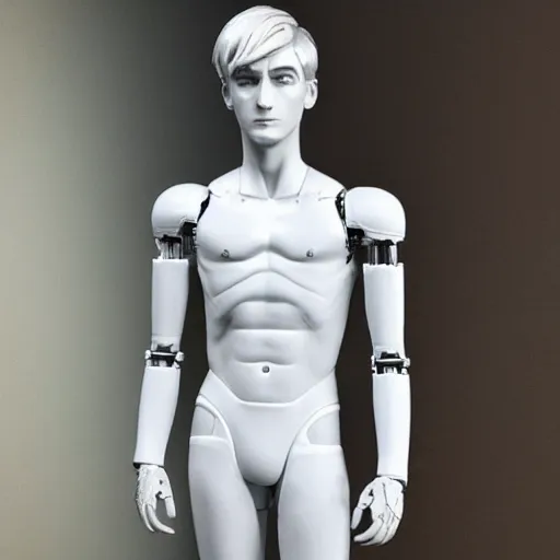 Image similar to “a realistic detailed photo of a guy who is an attractive humanoid who is half robot and half humanoid, who is a male android, twitch streamer Ninja Tyler Blevins, shiny skin, posing like a statue, blank stare”