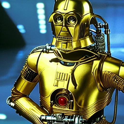 Prompt: A still of C3PO as Han Solo from Star Wars The Empire Strikes Back. Extremely detailed. Beautiful. 4K. Award winning.