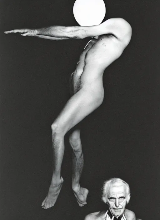 Image similar to helmut newton photograph of a man with the moon for a face, swan wings, a tree body, 3 5 mm, studio lighting