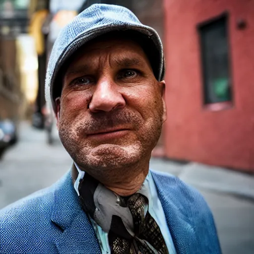 Prompt: closeup portrait of a snake oil salesman in a smoky new york back street, photography