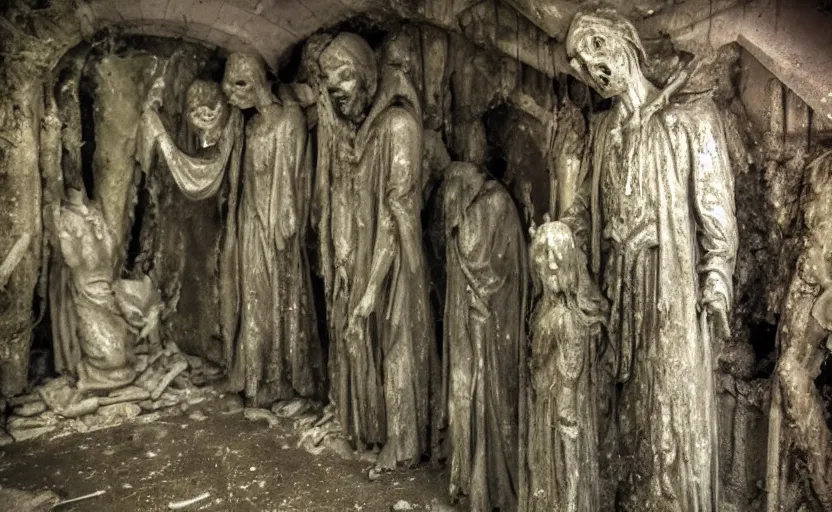 Prompt: several decrepit creepy statues of the archangel gabriel strewn about in a dark claustrophobic old sewer, realistic, underexposed shot, security camera footage, wide shot, sinister, foreboding, grainy photo