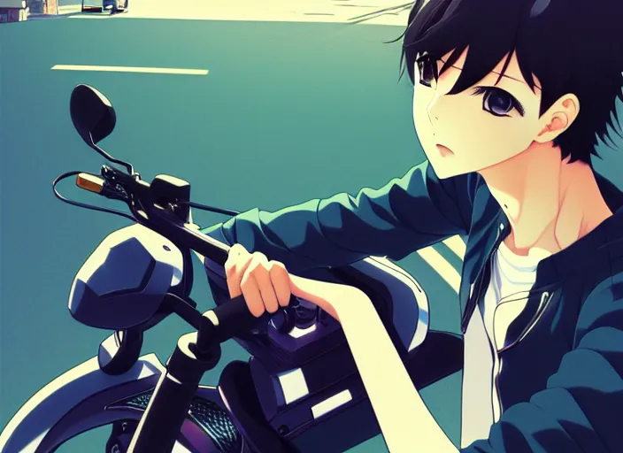 Prompt: anime visual, illustration of a young man riding around town on his new motorbike, handsome face by ilya kuvshinov, yoshinari yoh, makoto shinkai, katsura masakazu, dynamic perspective pose, detailed facial features, kyoani, rounded eyes, crisp and sharp, cel shad, anime poster, ambient light,