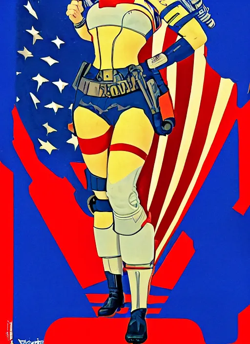 Image similar to patriotic american propaganda poster. cyberpunk female supersoldier. portrait by jean giraud and anton otto fischer and john philip falter and will eisner and gil elvgren and pixar. realistic proportions. character art. science fiction d & d. tf 2, overwatch, rb 6 s, cyberpunk 2 0 7 7, blade runner 2 0 4 9.