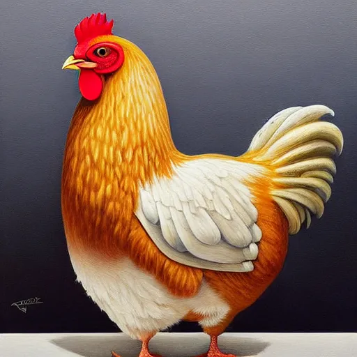 Image similar to a painting of a chicken, an ultrafine detailed painting by rafal olbinski, behance contest winner, pop surrealism, detailed painting, very detailed, minimalist, skeuomorphic, airbrush art