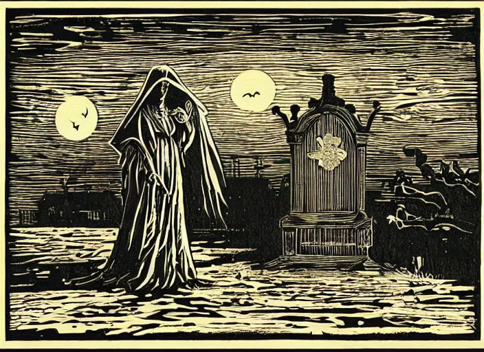 Image similar to two tone woodcut print, halloween ghost in graveyard at midnight by greg rutkowski, fine details, highly detailed