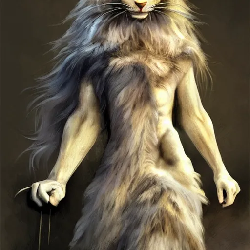 Image similar to stone maine coon, anthropomorphic large maine coon, dnd bipedal golem character, golem coon, aware. stone cat. dnd character concept, dnd digital painting, dnd artstation, dnd concept art, smooth, super sharp focus, illustration, art by artgerm and h r giger and alphonse mucha