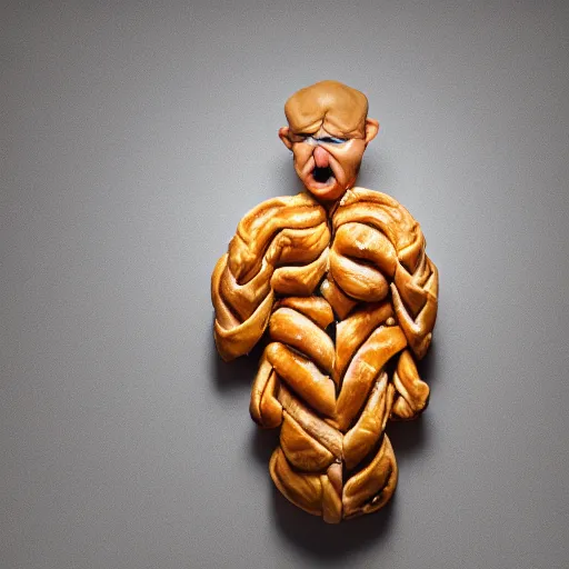 Image similar to Photorealistic man made out of Danish pastry, very angry, studio lighting.