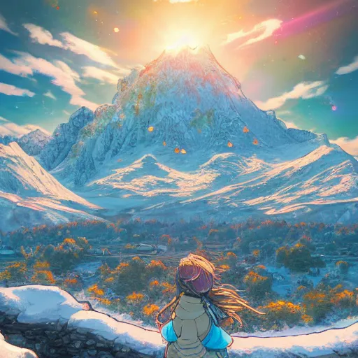 Image similar to the aesthetic view of the beautiful, grand, wistful, dreamy snowcapped mountain at dusk, hyperrealistic anime illustration by iralki nadar, colorful, extremely detailed, intricate linework, super sharp focus, bright colors, octopath traveler, studio ghibli, unreal engine 5 highly rendered, global illumination, radiant light, detailed and intricate environment