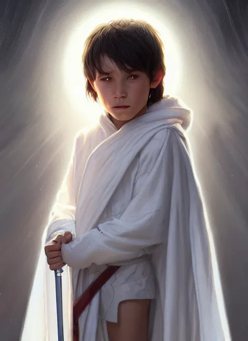 Image similar to perfectly - centered - portrait of a kid wearing white cloak holding light saber, intricate, highly detailed, digital painting, artstation, concept art, smooth, sharp focus, illustration, unreal engine 5, 8 k, art by artgerm and greg rutkowski and alphonse mucha