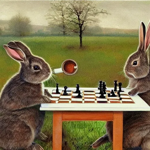 Image similar to rabbits drinking tea and playing chess. Painting of rabbits in sweaters by James Gurney (charming illustration of two cute rabbit gentlemen).