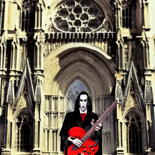 Prompt: UHD candid photo of Count Dracula playing electric guitar in front of a gothic cathedral, with accurate face, UHD, photorealistic, correct face, real Gibson guitar, photo by Annie Leibowitz