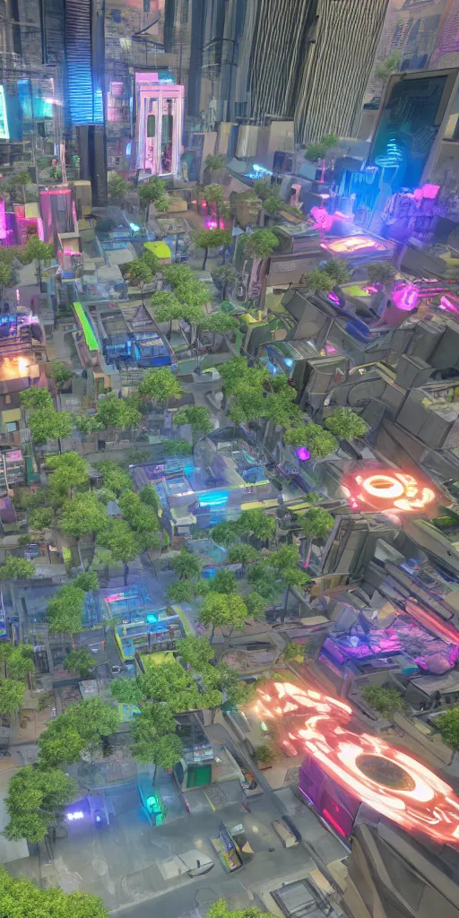 Image similar to park in the middle of a cyberpunk city drawn by jack kirby, 8 k, raytracing, unreal engine 5,