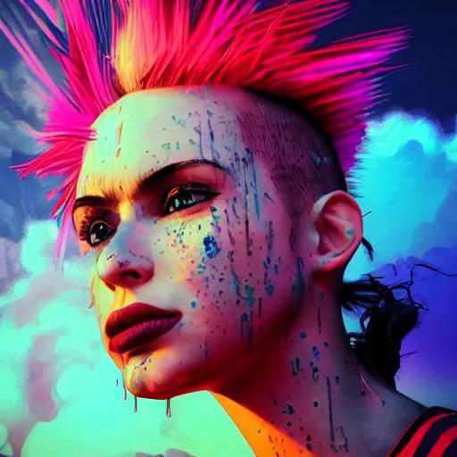 Image similar to splashes of neon clouds, mowhawk, punk women portrait made out of paint with rain in the background, trending on artstation, epic composition, emotional, beautiful, rendered in octane, highly detailed, realistic, comic book art, sharp focus, matte painting, unreal engine