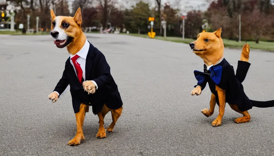 Prompt: a crazy dog in a suit going to work