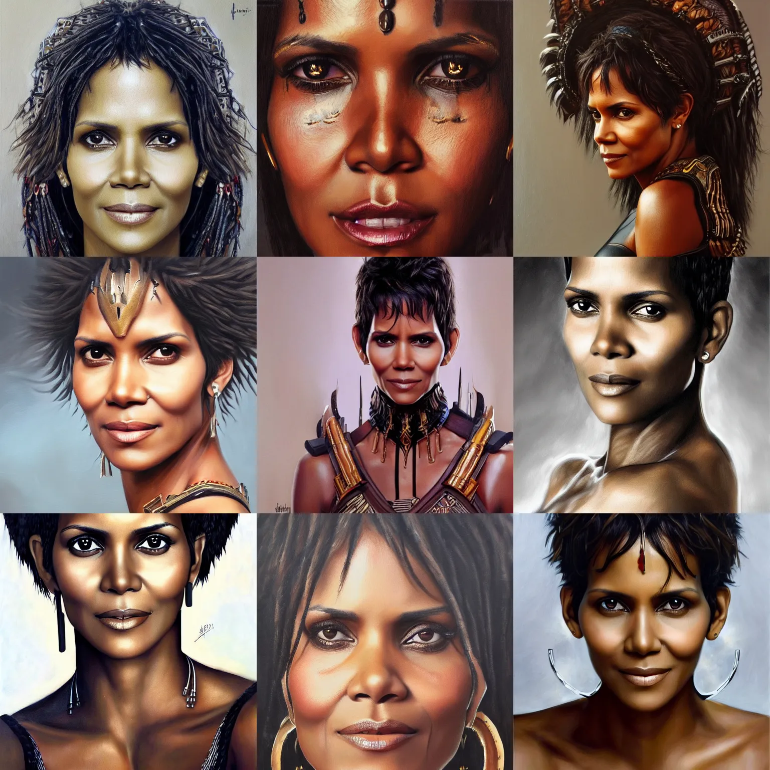 Prompt: a detailed and realistic oil portrait painting of a gorgeous Halle Berry as a Wakandan warrior Queen, HD, 22megapixels, artstation, hyper realism, symmetrical facial features