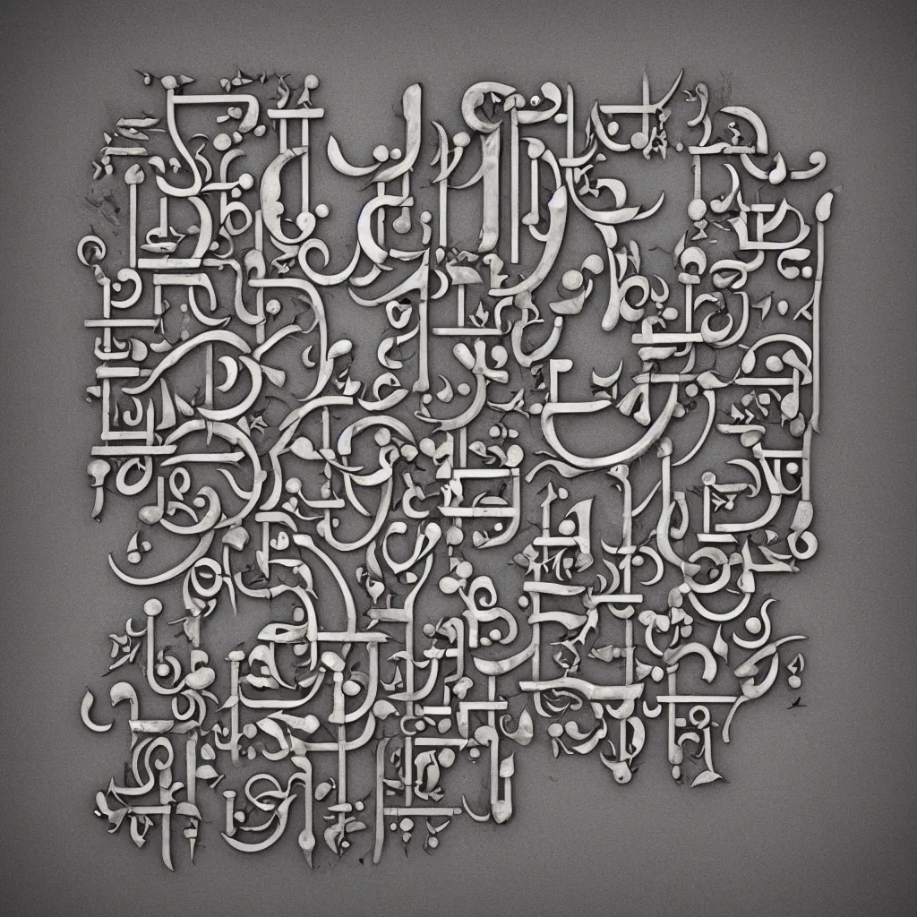 Image similar to a photorealistic 3D traditional Hindi devanagari script words characters and weapons, 3D Hindi calligraphy made with rivets hinges leather and spikes , Devanagari script, symmetry, symmetrical pattern :: Hindi script :: ornate, decorative, realistic, Hyperdetailed, photorealistic, clear lines and shapes, unreal engine, 3D , volumetric lighting, smooth gradients, symmetrical, realistic elements, Photorealistic,