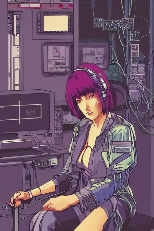 Image similar to cyberpunk illustration of motoko kusanagi seated in the lab, with wires and cables coming out of her head and back, by moebius, masamune shirow and katsuhiro otomo, colorful, detailed, side view