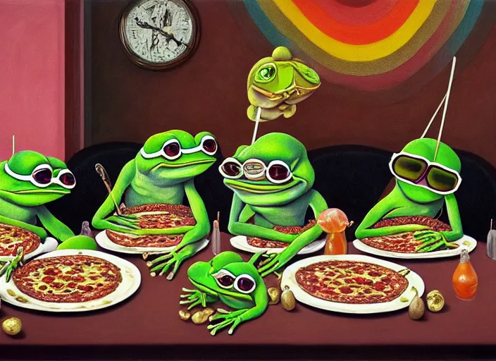 Prompt: hyper realistic detailed painting of a heavy tattooed pepe the frog family in baroque clothes in mid 70s italian restaurant eating pepperoni pizza with roasted rainbow and drinking black sparkling milk by Andrei Tarkovsky, Adrian Ghenie, Storm Thorgerson, and Beeple, semi naive, pastel colors, Hilma af Klint color palette, cinematic, very coherent symmetrical artwork, cinematic, hyper realism, high detail, 8k, last supper composition. Beksinski painting, part by Adrian Ghenie and Greg Hildebrandt. art by Neo Rauch. masterpiece