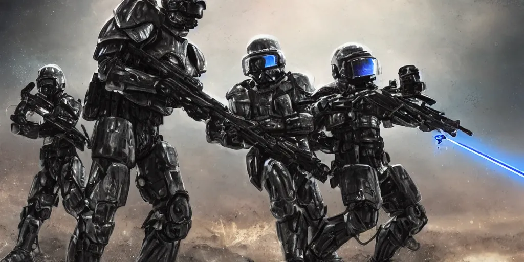 Image similar to A detailed sketch of two soldiers with blue laser rifles wearing black power armour with blue sprites and full helmets with blue visors, night, rain, water drops on the lense, a complicated chrome-plated spaceship with blue lights in the background, realistic 4k octane beautifully detailed render, 4k post-processing, highly detailed, intricate complexity, epic composition, magical atmosphere, cinematic lighting, masterpiece, ultra hd