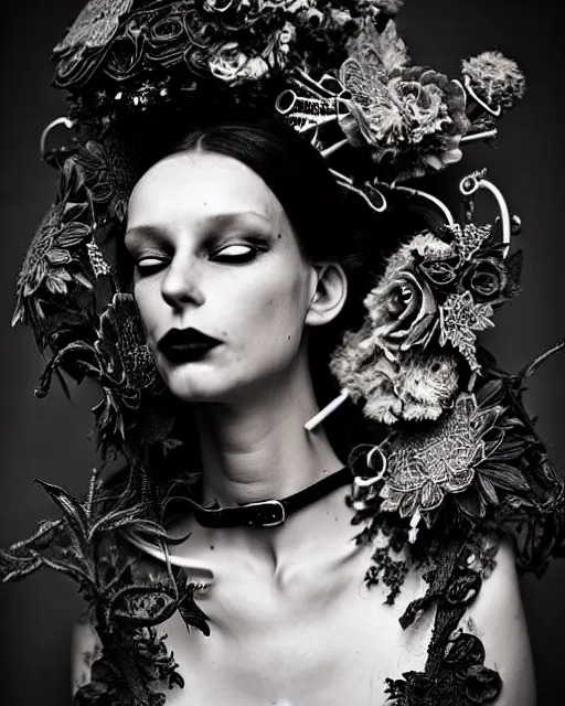 Image similar to surreal dark poetic black and white photo portrait of complex bio-mechanical beautiful young silver female vegetal-cyborg with a fur metal fine lace face, a very long neck and a fine metal floral foliage super big gothic lace collar and high floral crown by Vivienne Westwood:: smoke, high fashion, haute couture, rococo, avant-garde, dry black roses, silver filigree details, anatomical, facial muscles, cable wires, microchip, elegant, dreamy, foggy atmosphere, hyper realistic, 150 mm lens, soft rim light, octane render, unreal engine, picture was taken in 1910 by Man Ray, volumetric lighting, dramatic light,8k,