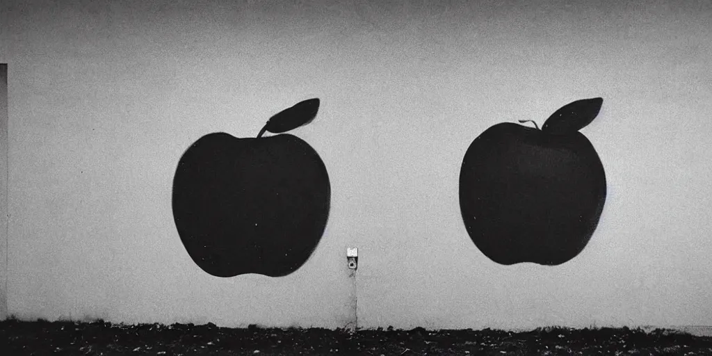Image similar to detailed medium format photo, polaroid still from tarkovsky movie, a giant apple character, spray painting graffiti on a wall, haze, high production value, intricate details, 8 k resolution, hyperrealistic, hdr, photorealistic, high definition, technicolor, award - winning photography, masterpiece, black and white, grungy