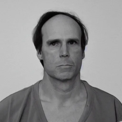 Image similar to A mugshot portrait of a middle aged older man who looks like Jerma985 with a receding hairline and short mid-length wavy hair, wearing mid-1980s menswear in the late 2008, taken in the late 1980s, grainy, realistic, hyperrealistic, very realistic, highly detailed, very detailed, extremely detailed, detailed, trending on artstation, front facing, front view, headshot and bodyshot, detailed face, very detailed face