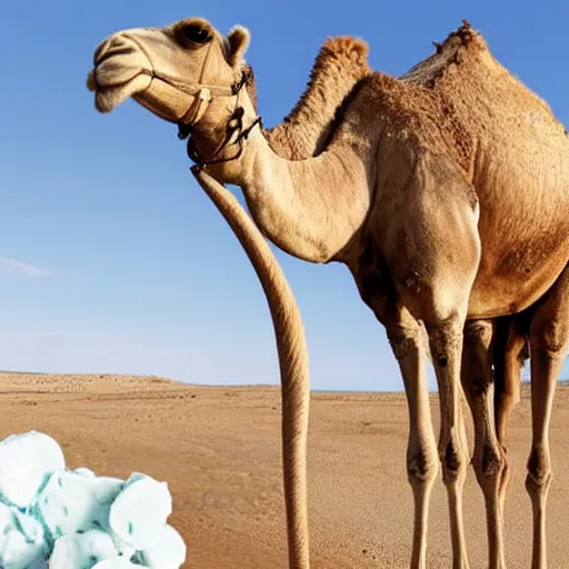 Prompt: a camel with scoops of ice cream on its back instead of humps