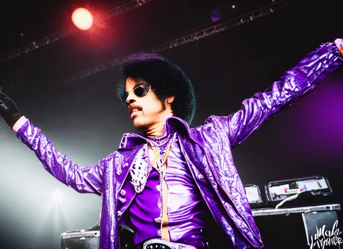 Prompt: photo still of prince from purple rain on stage at vans warped tour!!!!!!!! at age 3 3 years old 3 3 years of age!!!!!!!! throwing pancakes to the crowd, 8 k, 8 5 mm f 1. 8, studio lighting, rim light, right side key light