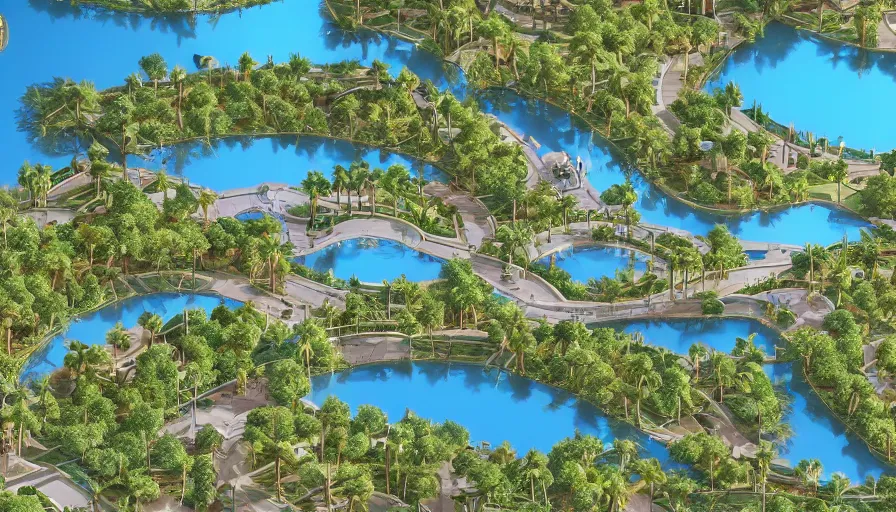 Prompt: sky view of an artificial lake with palm trees, shops and hotels with small blue domes and paths built around it, hyperdetailed, artstation, cgsociety, 8 k
