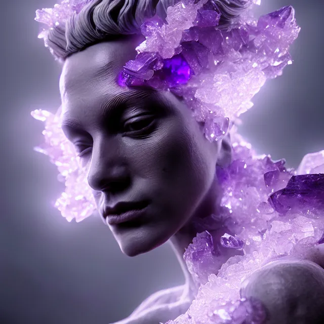 Image similar to a striking! render of ethereal beings made of amethyst and smoky gray quartz, new age artwork, octane, houdini, 8 k, cgsociety, intricately detailed