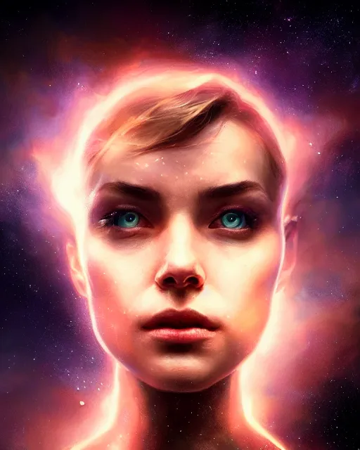 Prompt: epic portrait cinematic shot an giant female face in space, dark, stars, glowing, glowing eyes, fine details. night setting. realistic shaded lighting poster by craig mullism, artgerm, jeremy lipkin and michael garmash, unreal engine, radiant light, detailed and intricate environment, digital art, trending on art station,