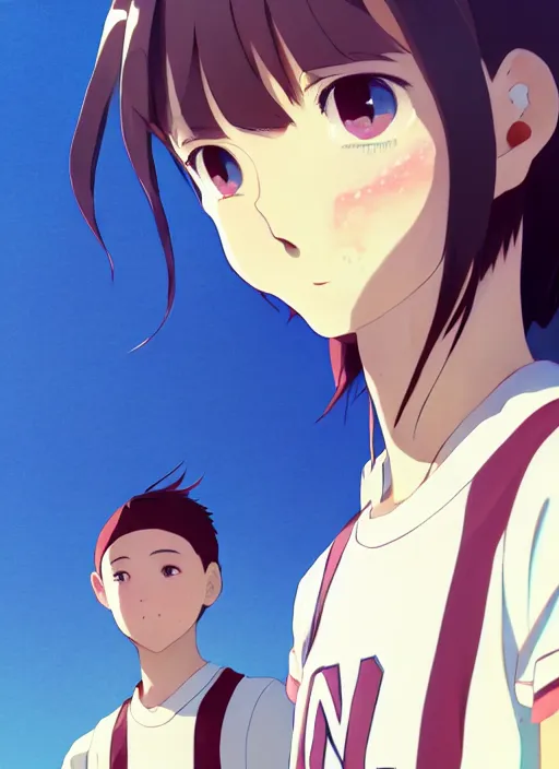 Prompt: portrait of high school runner girl, sunny sky background stadium landscape illustration concept art anime key visual trending pixiv fanbox by wlop and greg rutkowski and makoto shinkai and studio ghibli and kyoto animation real face symmetrical facial features short down hair sports clothing marathon race sponsors nike shirt