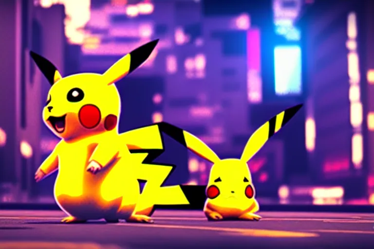 Image similar to a pikachu in a cyberpunk city. super realistic 8 k render of a elegant, cinematic composition