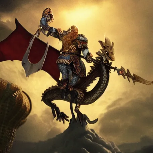 Prompt: a viking flies aboard a dragon holding the severed head of donald trump over the white house, highly detailed, 8 k