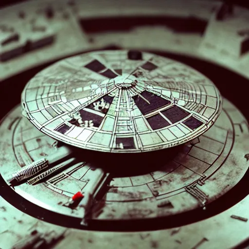 Prompt: analog photo of a model of the millennium falcon on a granite turntable, kodachrome, sharp focus, 50mm lens, DOF, ambient lighting