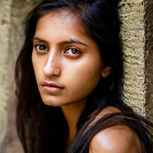 Prompt: a portrait of a stunningly beautiful nepali female, dark eyes, dark hair, olive skin, depth of field, zeiss lens, detailed, symmetrical, centered, fashion photoshoot, by Annie Leibovitz and Steve McCurry, David Lazar, Jimmy Nelsson, Breathtaking, 8k resolution, extremely detailed, beautiful, establishing shot, artistic, hyperrealistic, beautiful face, octane render