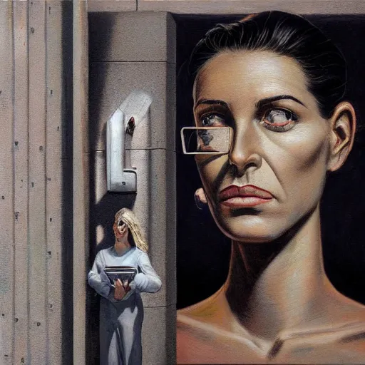 Prompt: detailed face of a woman with opalescent eyes in a brutalist courtyard with brushed steel sculptures at a science expo, atmospheric, ambient, pj crook, syd mead, livia prima, artgerm, greg rutkowski, nick alm, casey baugh