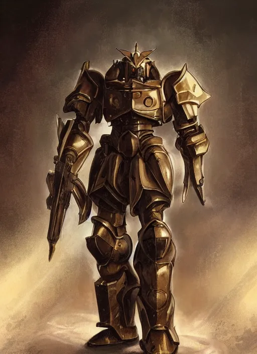 Prompt: medium-length portrait of a male paladin with short curly hair and a salt-and-pepper beard, dark brown skin, happy expression, wears a suit of power armor, gundam, magitech, medieval setting, highly detailed, digital painting, artstation, concept art, sharp focus, illustration, art by greg rutkowski and alphonse mucha