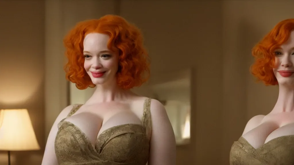 Image similar to a very happy beautiful Christina Hendricks in the living room, film still from the movie directed by Denis Villeneuve with art direction by Salvador Dalí, wide lens