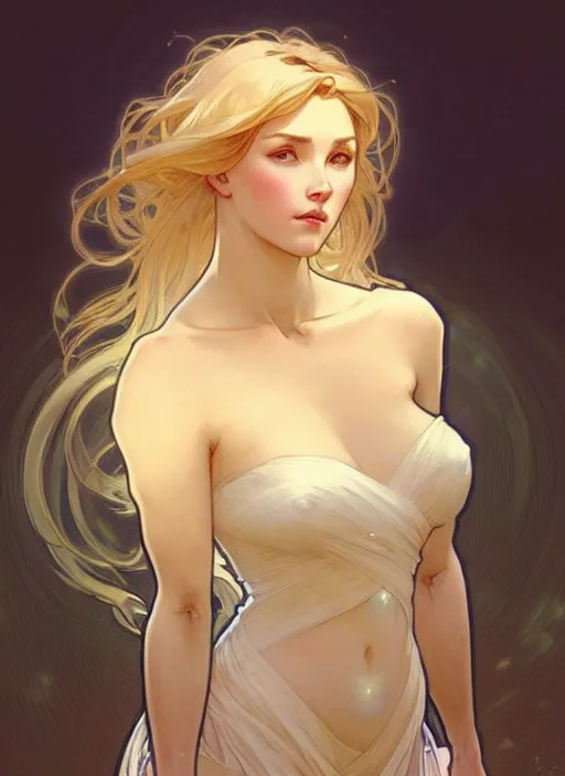 Image similar to digital character concept art by artgerm and greg rutkowski and alphonse mucha. clear portrait of a modern young wife blessed by god to unstoppably grow more perfect and fertile!! blonde, in clothes! holy full - figured! emotive, light effect. hyper detailed, glowing lights!! intricate, elegant, digital painting, artstation, smooth, sharp focus